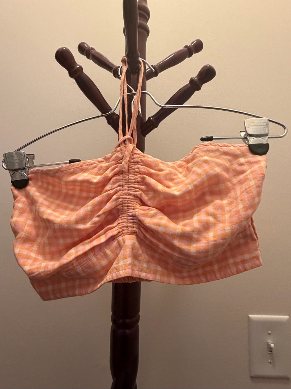American Eagle Orange Plaid Ruched Halter Crop Top